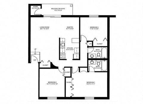 Floor plan for 3 beds, 2 baths, 1161 sqft